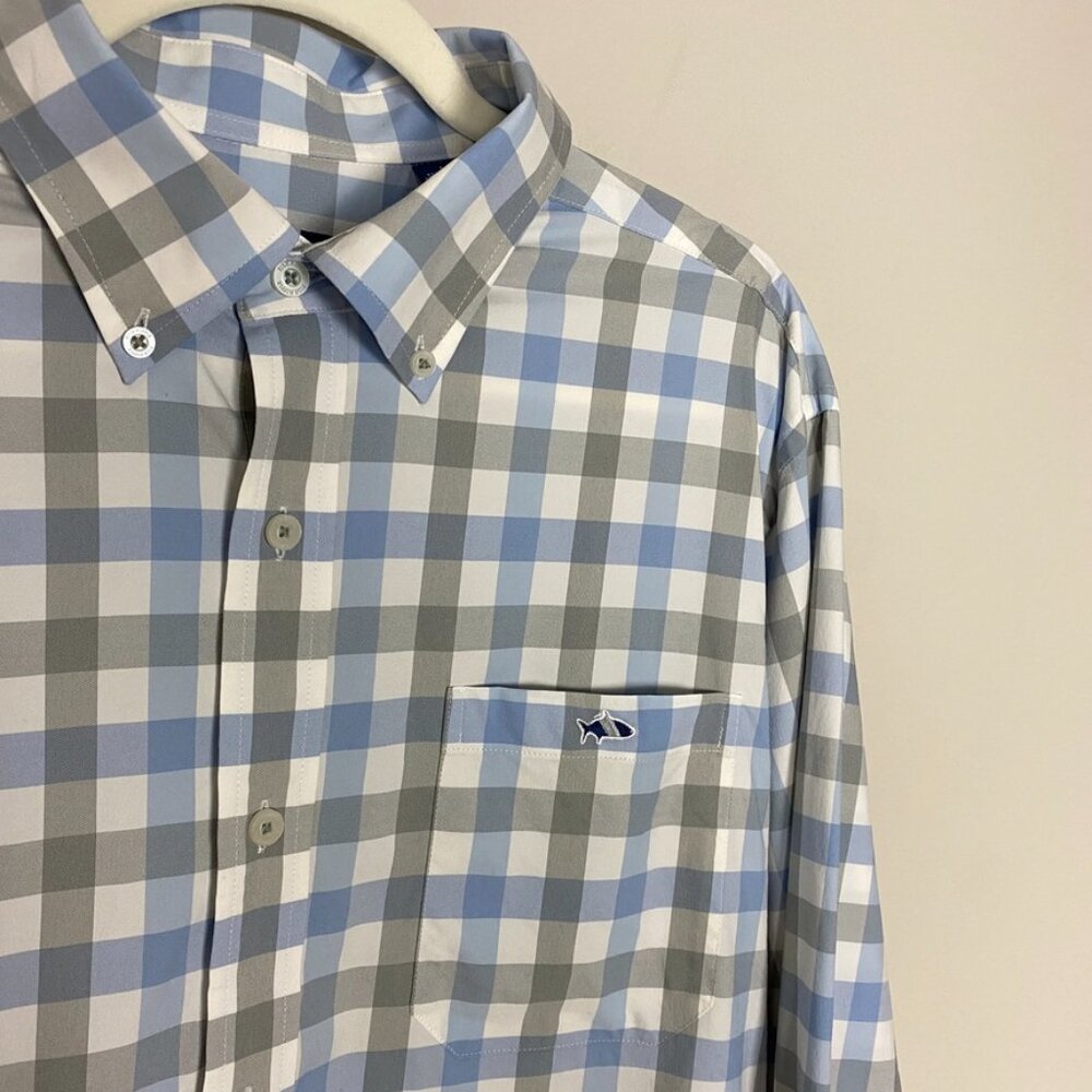 Fish Hippie Check Plaid Button Down Shirt Mens‎ Large Long Sleeve Blue Grey - Picture 3 of 8